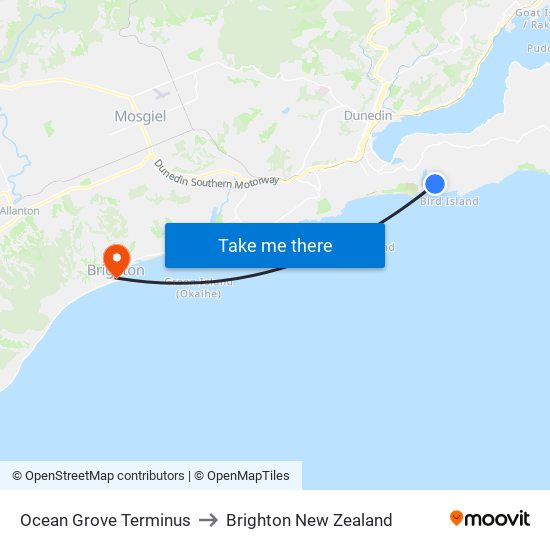 Ocean Grove Terminus to Brighton New Zealand map