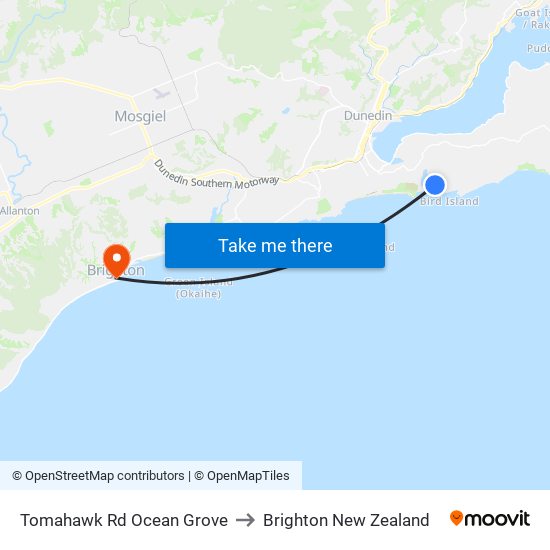 Tomahawk Rd Ocean Grove to Brighton New Zealand map
