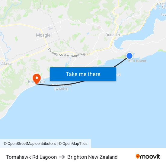 Tomahawk Rd Lagoon to Brighton New Zealand map