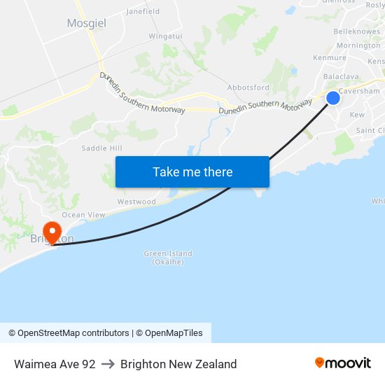 Waimea Ave 92 to Brighton New Zealand map