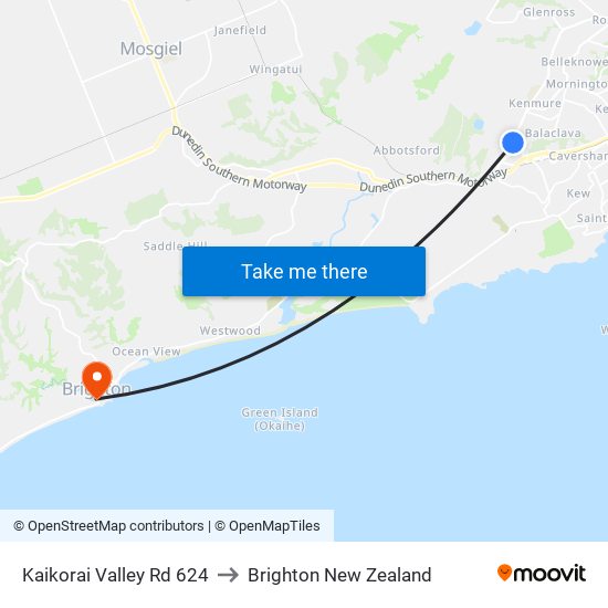 Kaikorai Valley Rd 624 to Brighton New Zealand map
