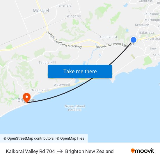 Kaikorai Valley Rd 704 to Brighton New Zealand map