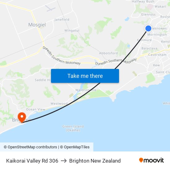 Kaikorai Valley Rd 306 to Brighton New Zealand map