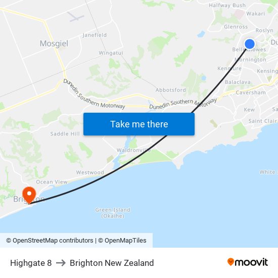 Highgate 8 to Brighton New Zealand map