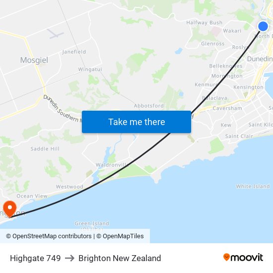 Highgate 749 to Brighton New Zealand map