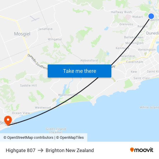 Highgate 807 to Brighton New Zealand map