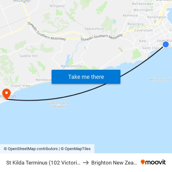 St Kilda Terminus (102 Victoria Rd) to Brighton New Zealand map