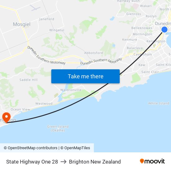 State Highway One 28 to Brighton New Zealand map