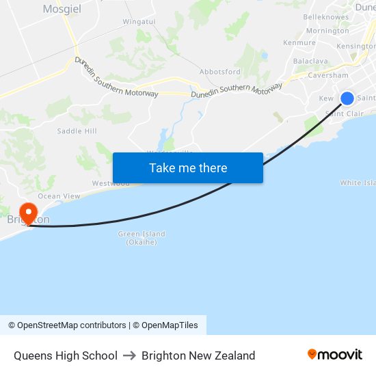 Queens High School to Brighton New Zealand map