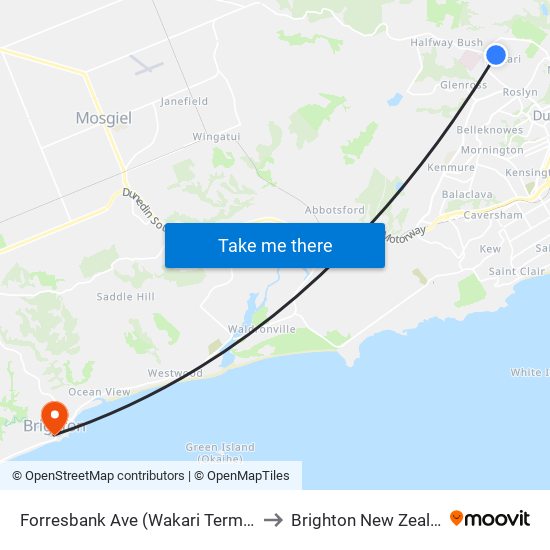 Forresbank Ave (Wakari Terminus) to Brighton New Zealand map