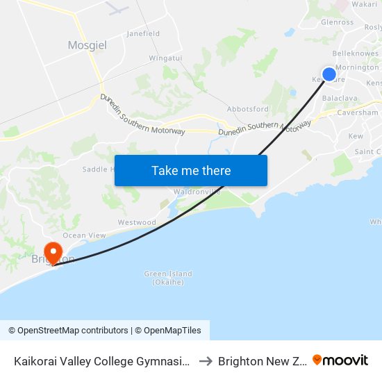Kaikorai Valley College Gymnasium Complex to Brighton New Zealand map