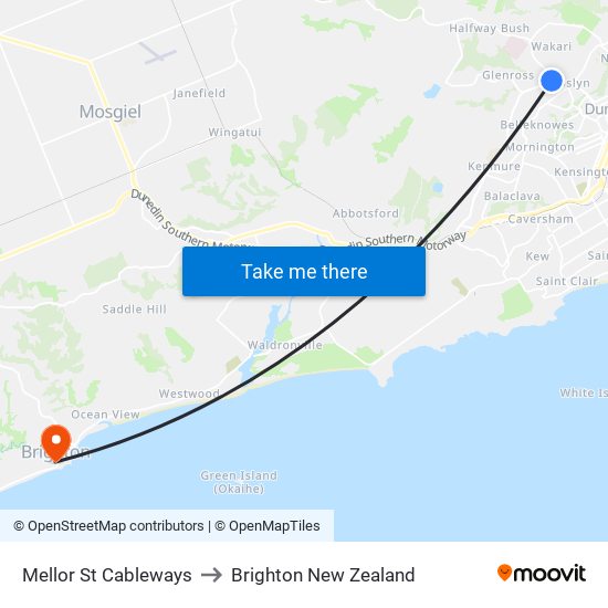 Mellor St Cableways to Brighton New Zealand map