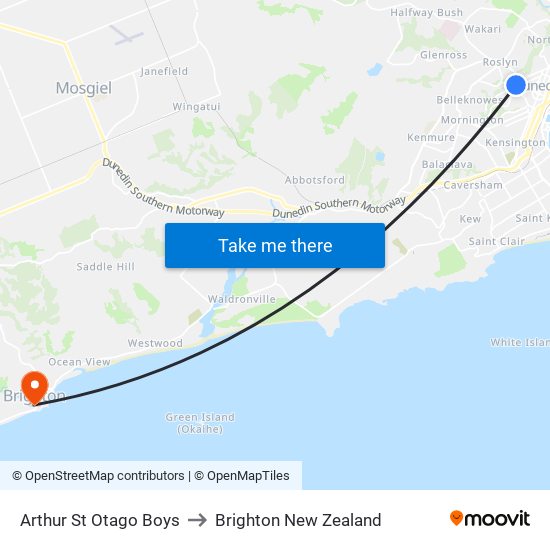 Arthur St Otago Boys to Brighton New Zealand map