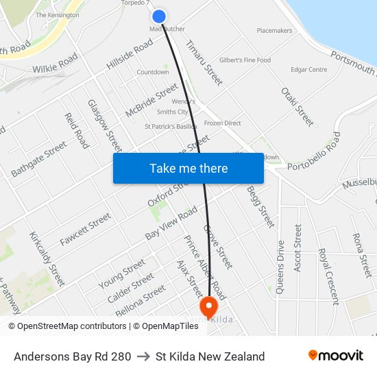 Andersons Bay Rd 280 to St Kilda New Zealand map