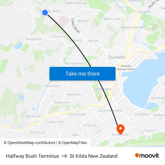 Halfway Bush Terminus to St Kilda New Zealand map