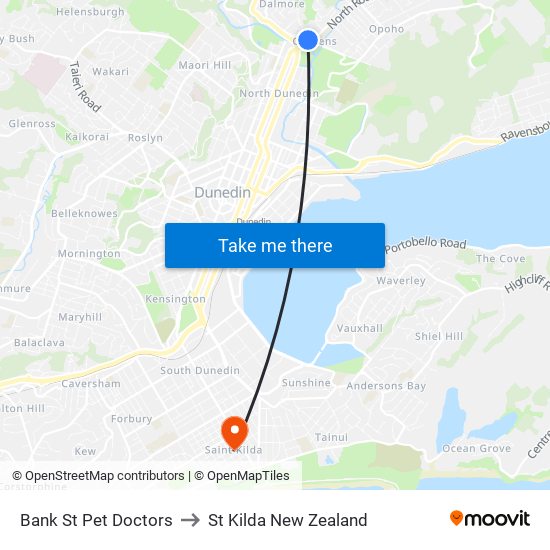 Bank St Pet Doctors to St Kilda New Zealand map