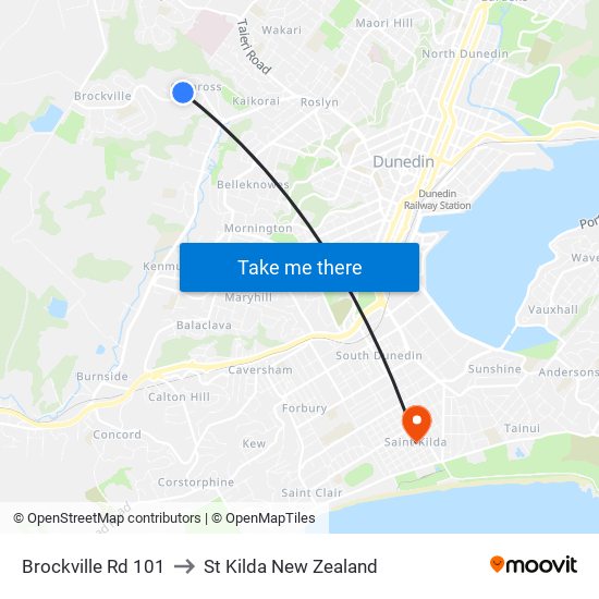 Brockville Rd 101 to St Kilda New Zealand map