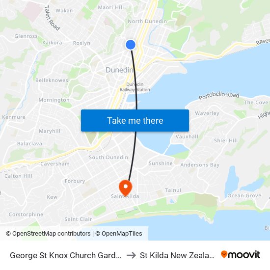 George St Knox Church Garden to St Kilda New Zealand map