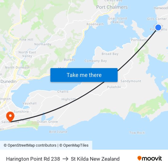 Harington Point Rd 238 to St Kilda New Zealand map
