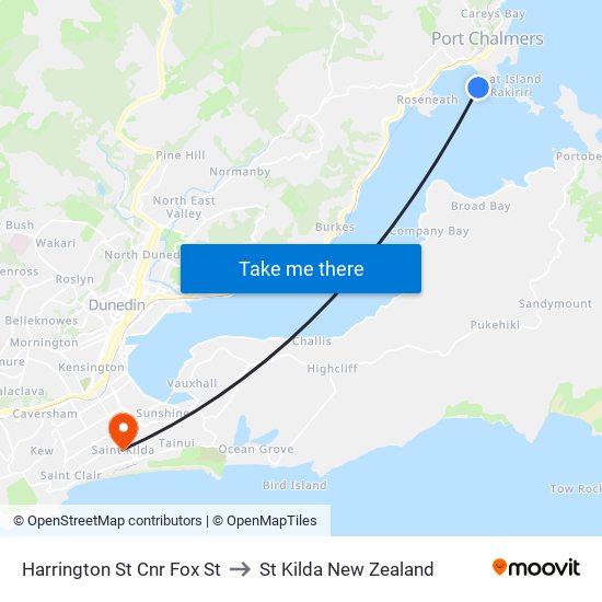 Harrington St Cnr Fox St to St Kilda New Zealand map