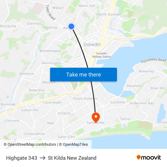 Highgate 343 to St Kilda New Zealand map