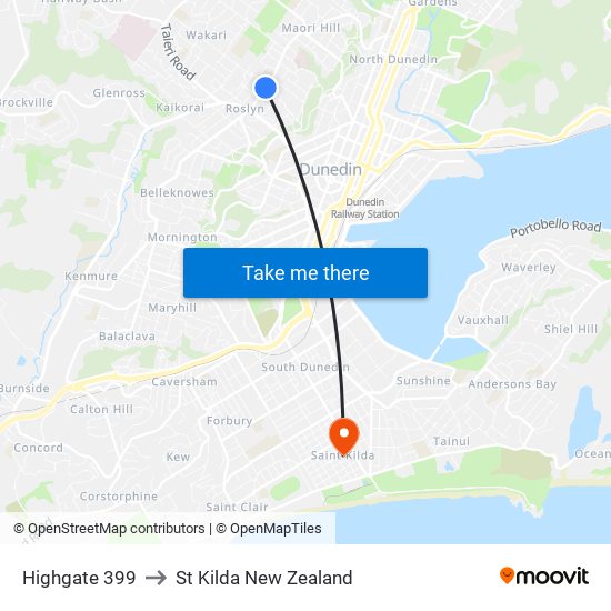Highgate 399 to St Kilda New Zealand map