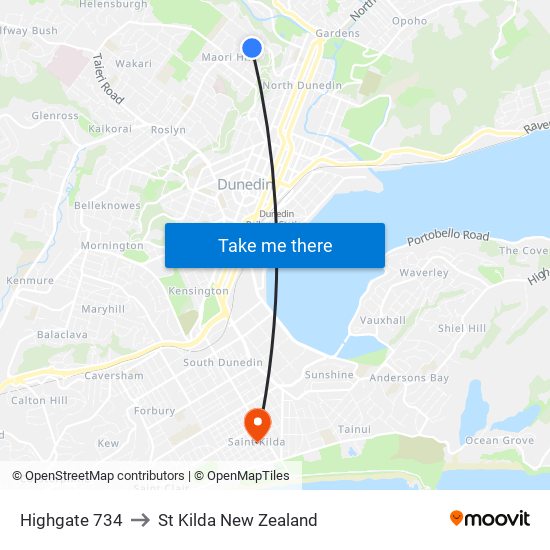 Highgate 734 to St Kilda New Zealand map