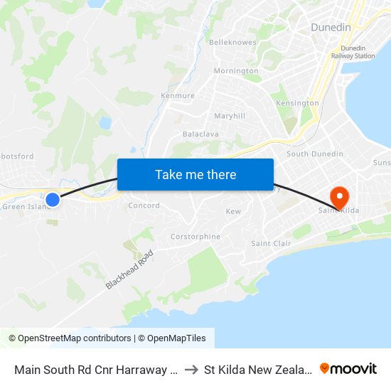 Main South Rd Cnr Harraway Rd to St Kilda New Zealand map