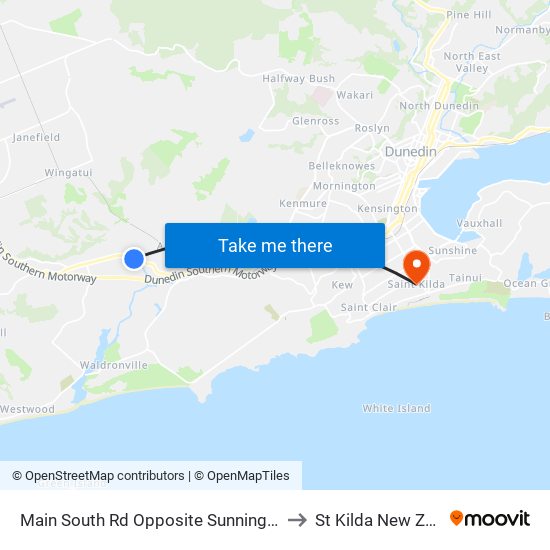 Main South Rd Opposite Sunninghurst Drive to St Kilda New Zealand map