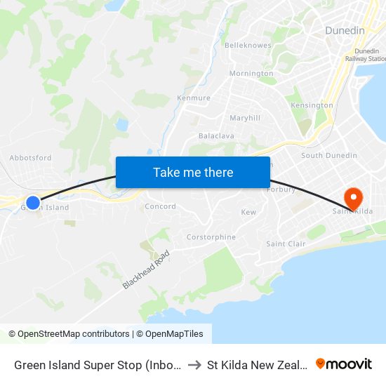 Green Island Super Stop (Inbound) to St Kilda New Zealand map