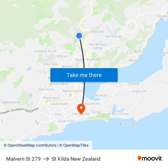 Malvern St 279 to St Kilda New Zealand map