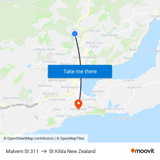 Malvern St 311 to St Kilda New Zealand map