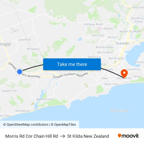 Morris Rd Cnr Chain Hill Rd to St Kilda New Zealand map