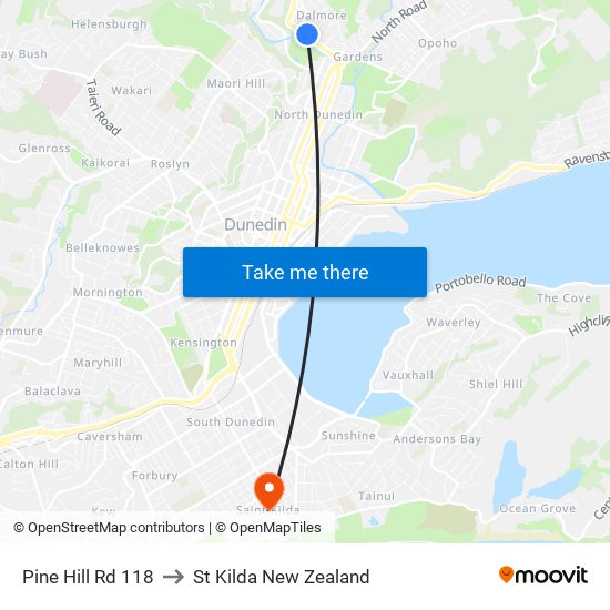 Pine Hill Rd 118 to St Kilda New Zealand map