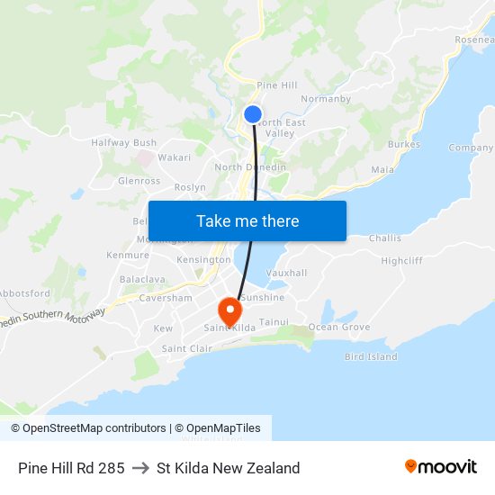 Pine Hill Rd 285 to St Kilda New Zealand map