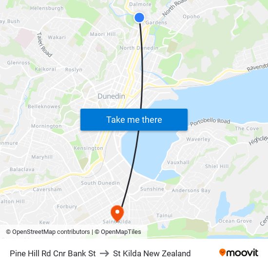 Pine Hill Rd Cnr Bank St to St Kilda New Zealand map