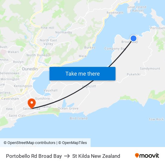 Portobello Rd Broad Bay to St Kilda New Zealand map