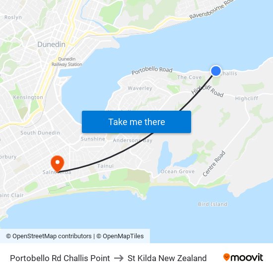 Portobello Rd Challis Point to St Kilda New Zealand map