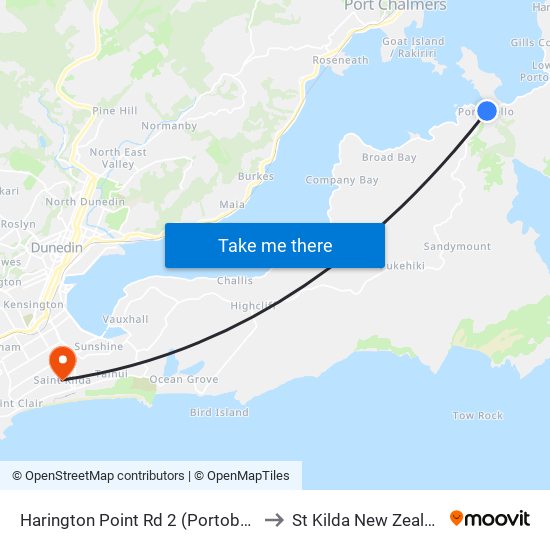 Harington Point Rd 2 (Portobello) to St Kilda New Zealand map