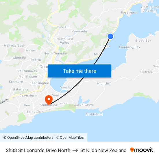Sh88 St Leonards Drive North to St Kilda New Zealand map