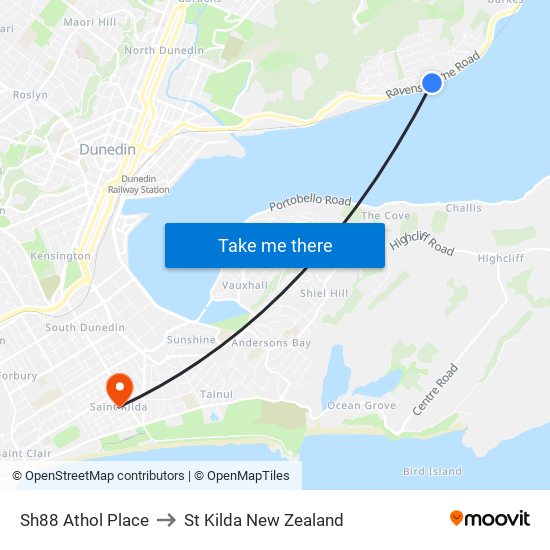 Sh88 Athol Place to St Kilda New Zealand map