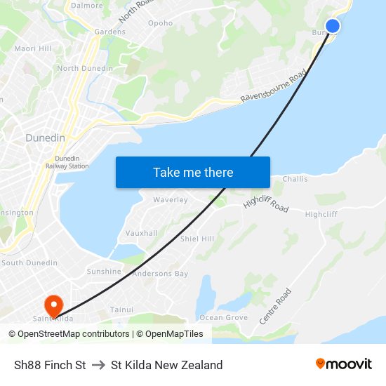 Sh88 Finch St to St Kilda New Zealand map