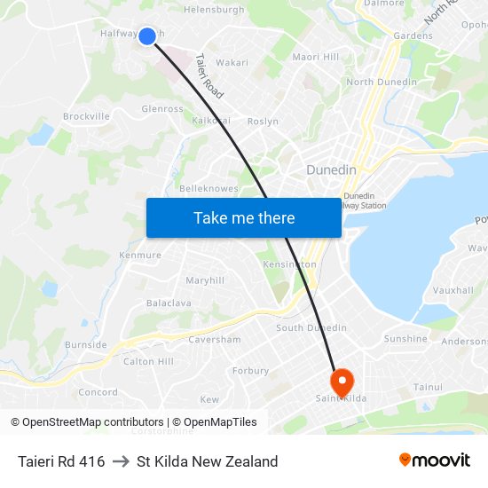 Taieri Rd 416 to St Kilda New Zealand map