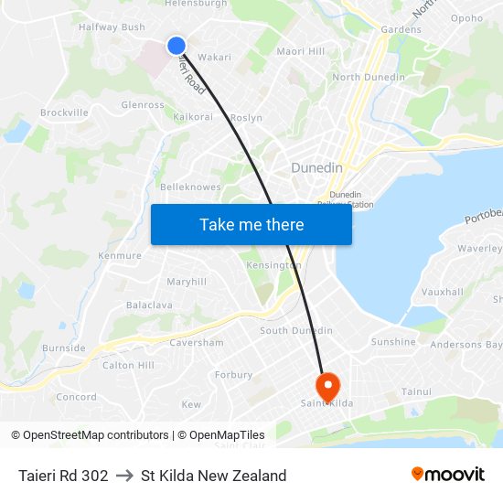 Taieri Rd 302 to St Kilda New Zealand map