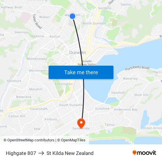 Highgate 807 to St Kilda New Zealand map