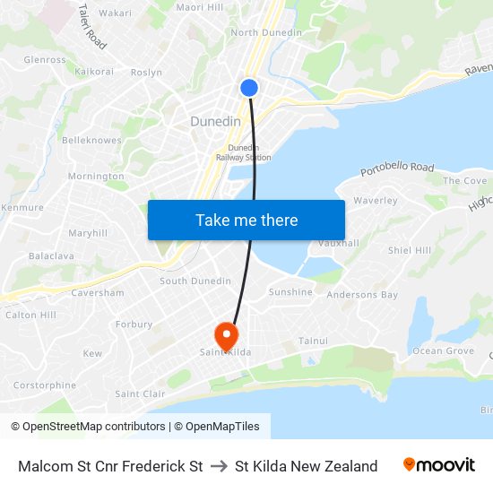 Malcom St Cnr Frederick St to St Kilda New Zealand map