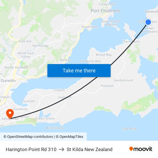 Harington Point Rd 310 to St Kilda New Zealand map