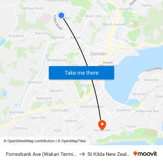 Forresbank Ave (Wakari Terminus) to St Kilda New Zealand map