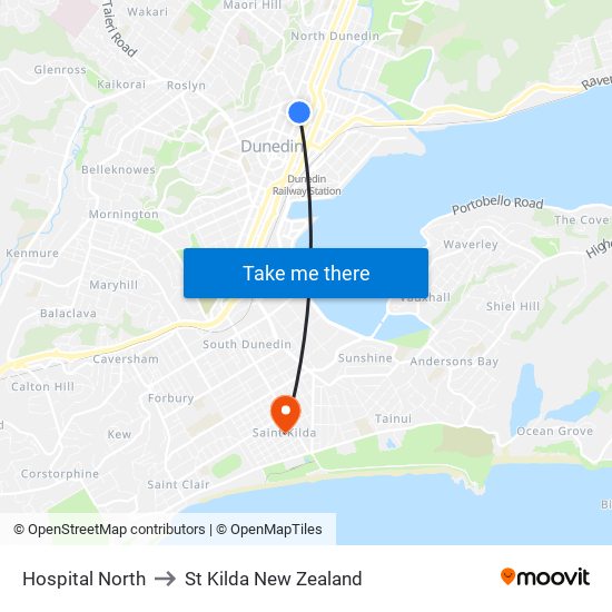 Hospital North to St Kilda New Zealand map