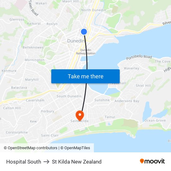 Hospital South to St Kilda New Zealand map